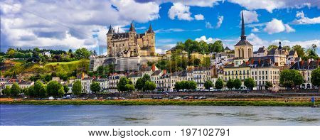 Landmarks of France-panorama of Samumur town with royal castle. 