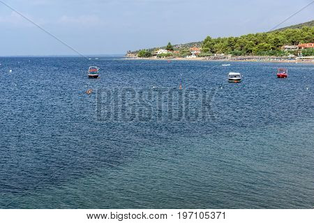 Panoramic view of Psakoudia Beach at Sithonia peninsula, Chalkidiki, Central Macedonia, Greece