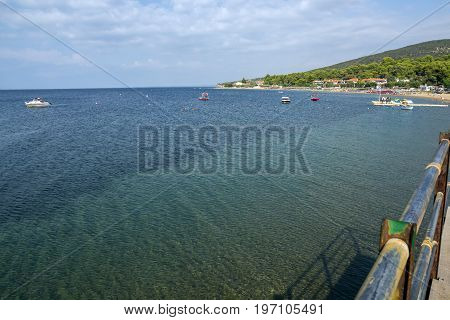 Panoramic view of Psakoudia Beach at Sithonia peninsula, Chalkidiki, Central Macedonia, Greece