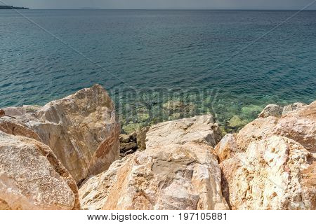 Panoramic view of Nikiti Beach at Sithonia peninsula, Chalkidiki, Central Macedonia, Greece