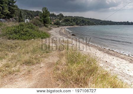 Panoramic view of Litheri Beach at Sithonia peninsula, Chalkidiki, Central Macedonia, Greece