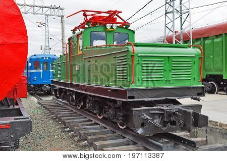 Novosibirsk Museum of railway equipment in Novosibirsk Siberia Russia - July 7 2017: Industrial locomotive type II-KP-2A. Built by Novocherkassk electric locomotive plant named after S. M. Budenny in 1950