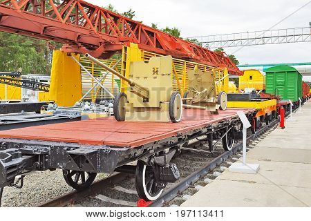 Novosibirsk Museum of railway equipment in Novosibirsk Siberia Russia - July 7 2017: Platform truck two axle with cast wheel centers wheel pairs. Built in the early 20th century