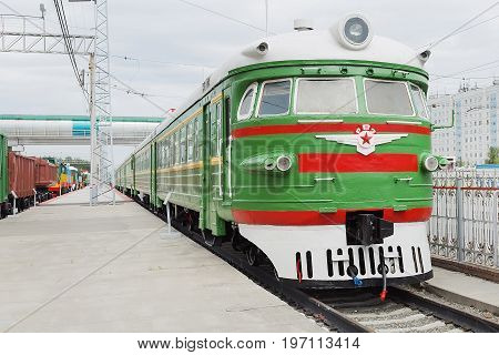 Novosibirsk Museum of railway equipment in Novosibirsk Siberia Russia - July 7 2017: Train Riga DC type 1 ( ER 1 ). Released in the Soviet Union at the Riga wagon factory 1957