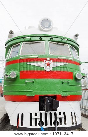 Novosibirsk Museum of railway equipment in Novosibirsk Siberia Russia - July 7 2017: Train Riga DC type 1 ( ER 1 ). Released in the Soviet Union at the Riga wagon factory 1957