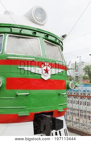 Novosibirsk Museum of railway equipment in Novosibirsk Siberia Russia - July 7 2017: Train Riga DC type 1 ( ER 1 ). Released in the Soviet Union at the Riga wagon factory 1957