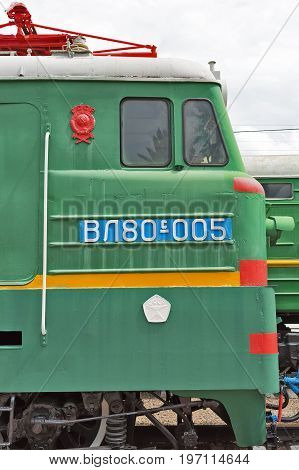 Novosibirsk Museum of railway equipment in Novosibirsk Siberia Russia - July 7 2017: two-section mainline Freight electric locomotive VL80 ( Vladimir Lenin ). Built by the Novocherkassk electric locomotive plant in 1980