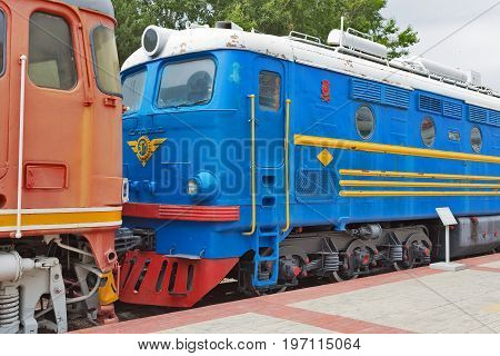 Novosibirsk Museum of railway equipment in Novosibirsk Siberia Russia - July 7 2017: ТЭП10 ( Arrow ) -- a passenger locomotive with electric transmission. Built in 1964 Kharkov plant of transport engineering.