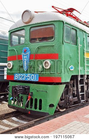 Novosibirsk Museum of railway equipment in Novosibirsk Siberia Russia - July 7 2017: 23 VL ( Vladimir Lenin ) -- Soviet electric locomotive of direct current. Made in 1958 the Novocherkassk electric locomotive plant