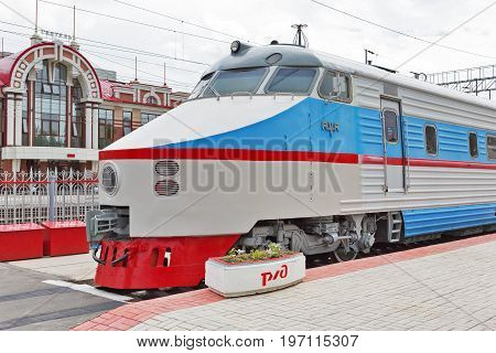Novosibirsk Museum of railway equipment in Novosibirsk Siberia Russia - July 7 2017: ER 200 - 2 second edition - Soviet high-speed train DC. Produced by Riga carriage works