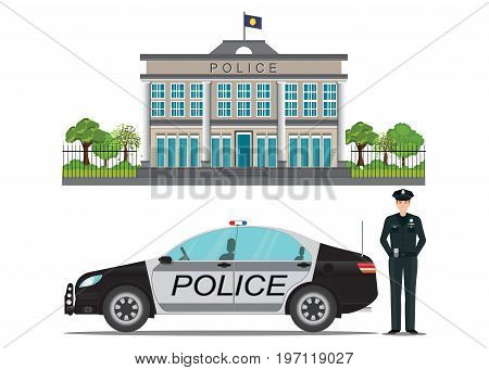 Police station with police officer and police car isolated on white background vector illustration.
