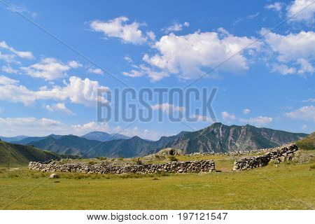 Ritual stone altar of ancient turks in Altai mountains. Chuy-Oozy Altay Republic Russia.