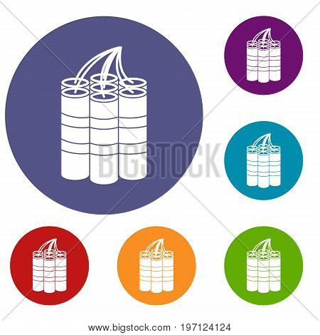 Dynamite sticks icons set in flat circle red, blue and green color for web
