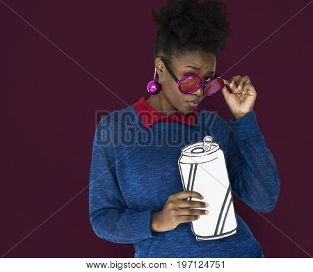 African Woman with Sunglasses Holding a Can Beverage