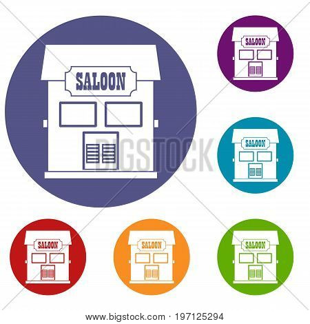 Western saloon icons set in flat circle red, blue and green color for web