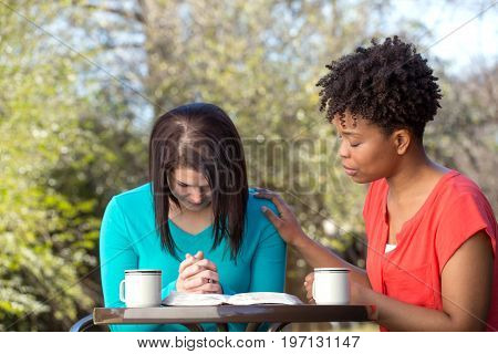 Happy friends reading, praying and learning together.
