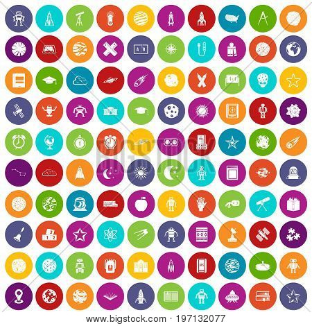100 astronomy icons set in different colors circle isolated vector illustration