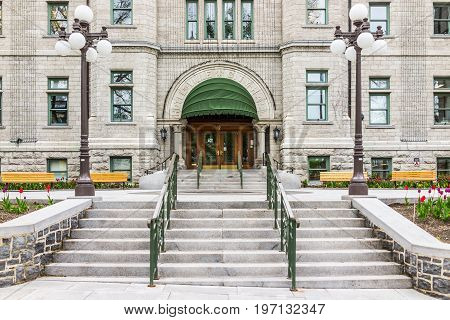 Quebec City, Canada - May 29, 2017: Old Town Hotel De Ville City Hall Entrance With Steps And Doors