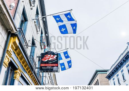 Quebec City, Canada - May 29, 2017: Old Town Sainte Jean Street With Restaurant Called Bistro Plus W