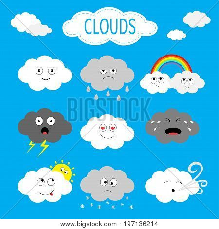 Cloud emoji icon set. White gray color. Fluffy clouds. Sun rainbow rain drop wind thunderbolt storm lightning. Cute cartoon cloudscape. Different emotion. Flat design. Blues sky background Vector