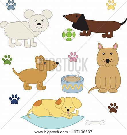 Cute collection of five funny vector dogs.