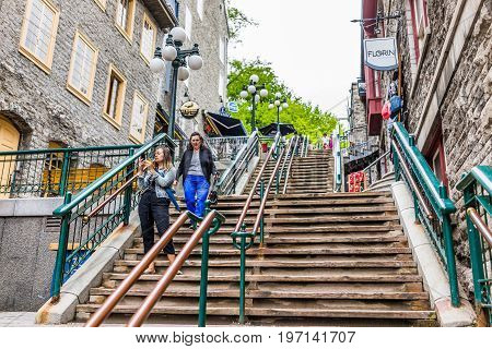 Quebec City, Canada - May 30, 2017: Lower Old Town Street Called Rue Du Petit Champlain With Wooden