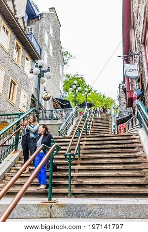 Quebec City, Canada - May 30, 2017: Lower Old Town Street Called Rue Du Petit Champlain With Wooden
