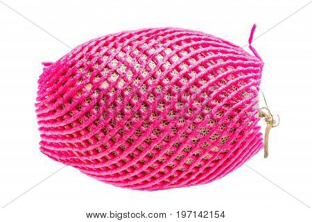 Hamigua melon (sweet cantaloupe melon) in red net foam protection isolated on white background.