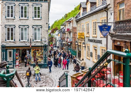 Quebec City, Canada - May 30, 2017: Lower Old Town Street Called Rue Du Petit Champlain With Funicul