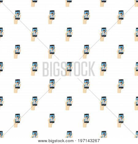Girl taking selfie photo on smartphone pattern seamless repeat in cartoon style vector illustration