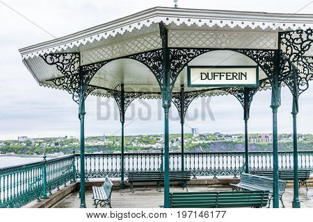Quebec City, Canada - May 30, 2017: Old Town Closeup View Of Dufferin Terrace Gazebo With Flag In He