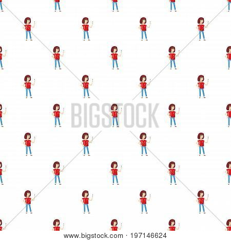 Standing girl taking selfie photo pattern seamless repeat in cartoon style vector illustration