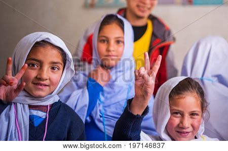 SKARDU, PAKISTAN - APRIL 17: An unidentified Children in a village in the south of Skardu are learning in the classroom of the village school April 17, 2015 in Skardu, Pakistan.