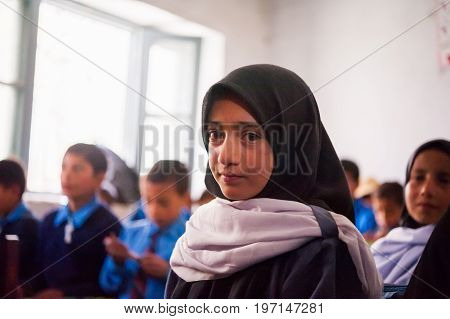 SKARDU, PAKISTAN - APRIL 17: An unidentified Children in a village in the south of Skardu are learning in the classroom of the village school April 17, 2015 in Skardu, Pakistan.
