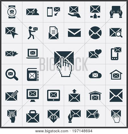 Elements Mailman, Cursor, Look For And Other Synonyms Protected, Specter And Box.  Vector Illustration Set Of Simple Communication Icons.