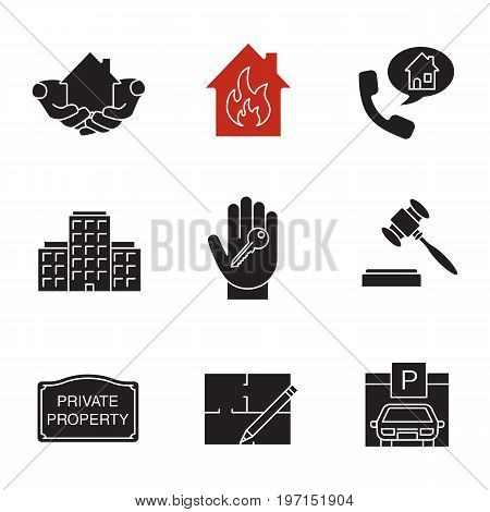 Real estate market glyph icons set. Silhouette symbols. House in hands, multi-storey building, floor plan, parking place, private property sign, gavel, hand with key. Vector isolated illustration