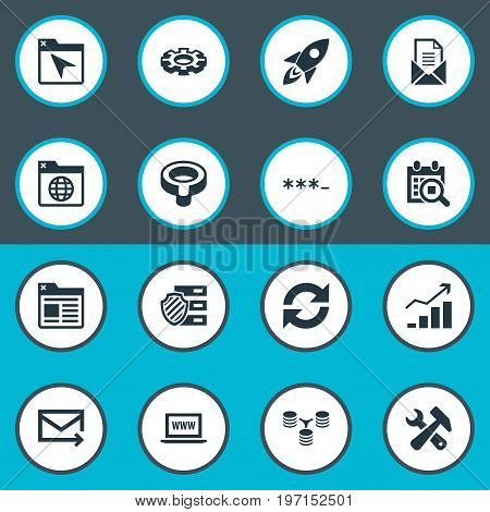 Elements Database Distribution, Search, Clipboard And Other Synonyms Mail, Bind And Password.  Vector Illustration Set Of Simple Review Icons.