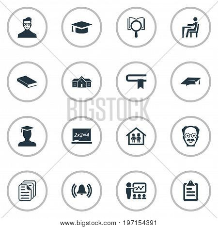 Elements Pedagogue, Magnifier, Chalk And Other Synonyms Research, Kindergarten And Alma.  Vector Illustration Set Of Simple Knowledge Icons.