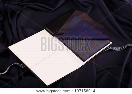 Close-up detail of multicolor elite fabric textile samples with copy space