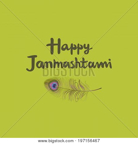 Dahi handi Krishna Janmashthami greeting card with a lettering and a peacock feather on a green background