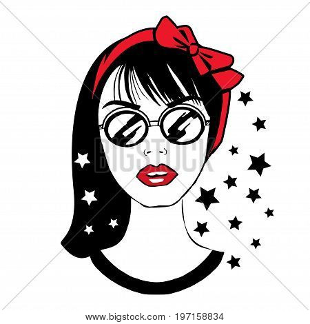 Young pretty teenager girl in sunglasses with red bow on head. Portrait of fashion young brunette. Stylish hipster teen. Vector illustration