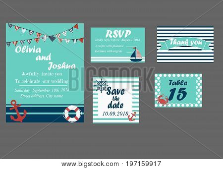 Wedding invitation cards set, nautical style, vector