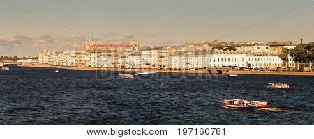 Panoramic View Of The Neva River Embankment In St. Petersburg.