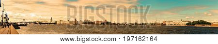 St. Petersburg, Russia - June 28, 2017: Panoramic View Of The Neva River Embankment In St. Petersbur