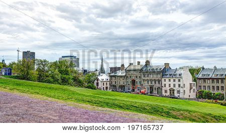 Quebec City, Canada - May 30, 2017: Cityscape Or Skyline Of Old Town Streets During Sunset With Stor