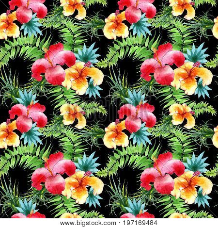 Tropical Hawaii leaves palm tree pattern in a watercolor style. Aquarelle wild flower for background, texture, wrapper pattern, frame or border.
