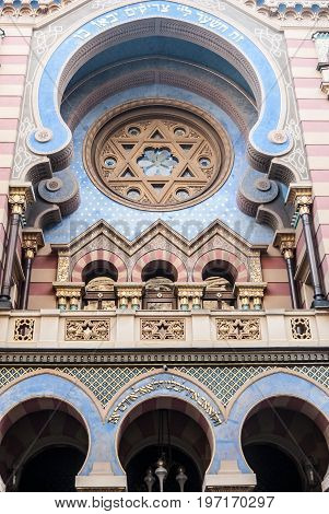 Praha Сzech republic - July 6 2017: detail of Jeruzalemska synagoga synagogue with Star of David in Prague city in Czech republic