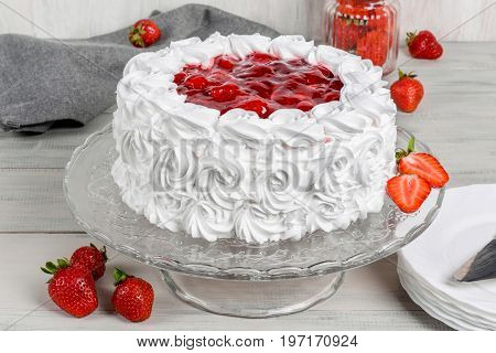 Delicious strawberry white cake shot close-up in decor