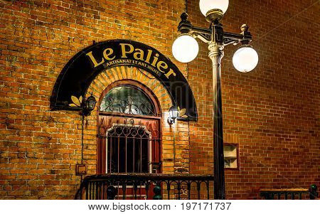 Quebec City, Canada - May 31, 2017: Closeup Of Le Palier Sign On Brick Building On Lower Old Town St