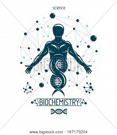 Vector graphic illustration of strong male depicted as DNA symbol continuation and created with wireframe connections. Bioengineering as the direction of genetics.